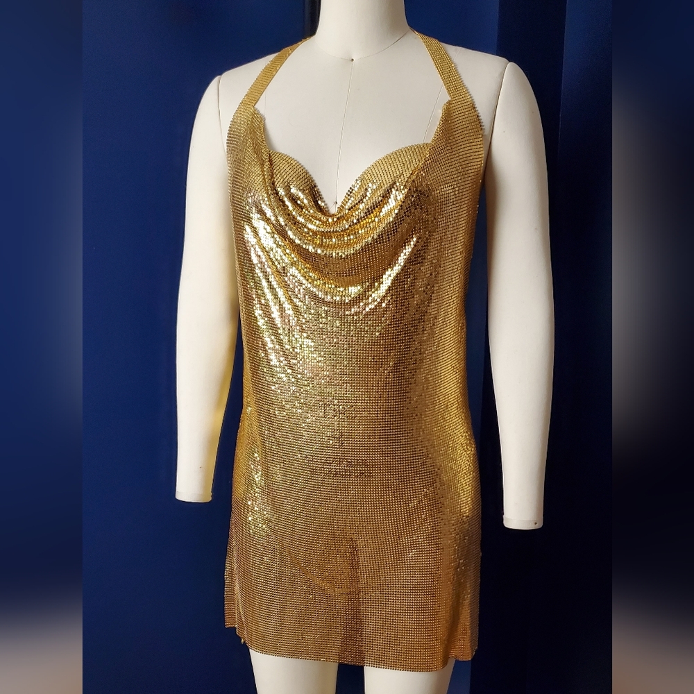 Gold metal mesh disco mini dress, S/M